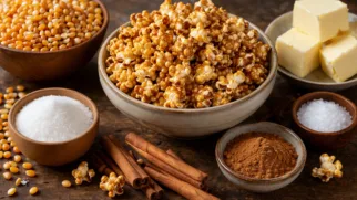 Фото рецепта: Сладкий попкорн с карамелью и ароматной корицей на сковороде