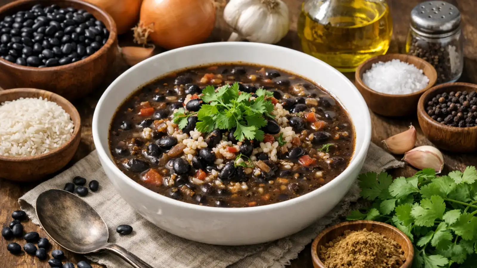 Фото блюда: Сопа негра суп из черной фасоли с насыщенным вкусом и рисом, рецепт с фото