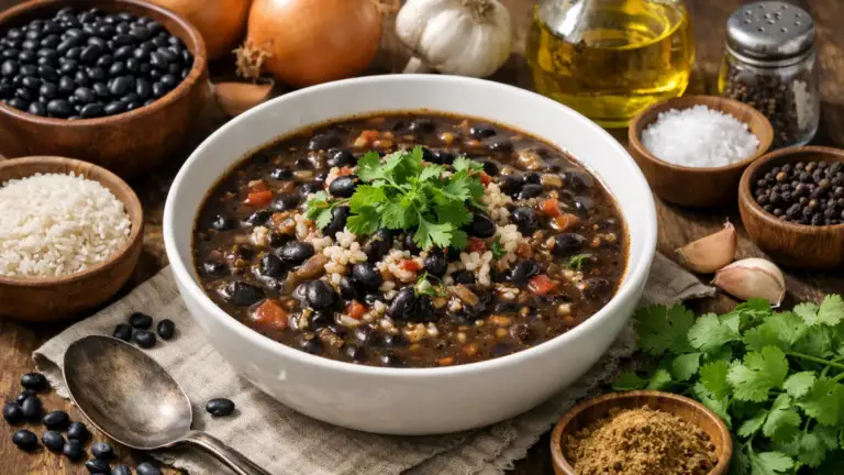 Фото блюда: Сопа негра суп из черной фасоли с насыщенным вкусом и рисом