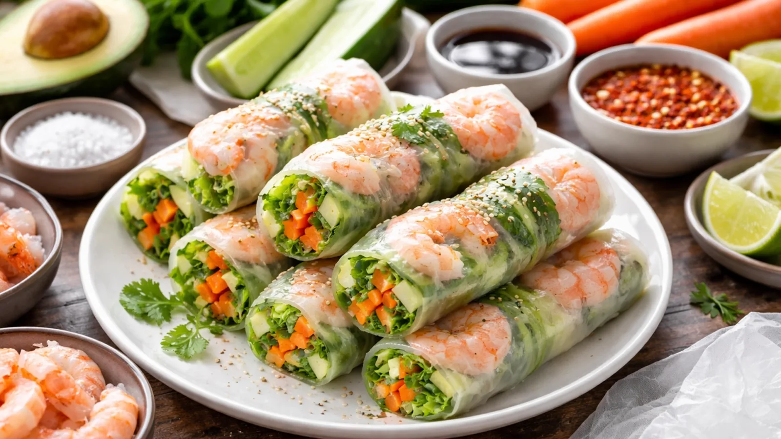 Фото блюда: Спринг роллы с креветками авокадо и огурцом свежие и легкие, рецепт с фото