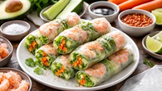 Фото рецепта: Спринг роллы с креветками авокадо и огурцом свежие и легкие