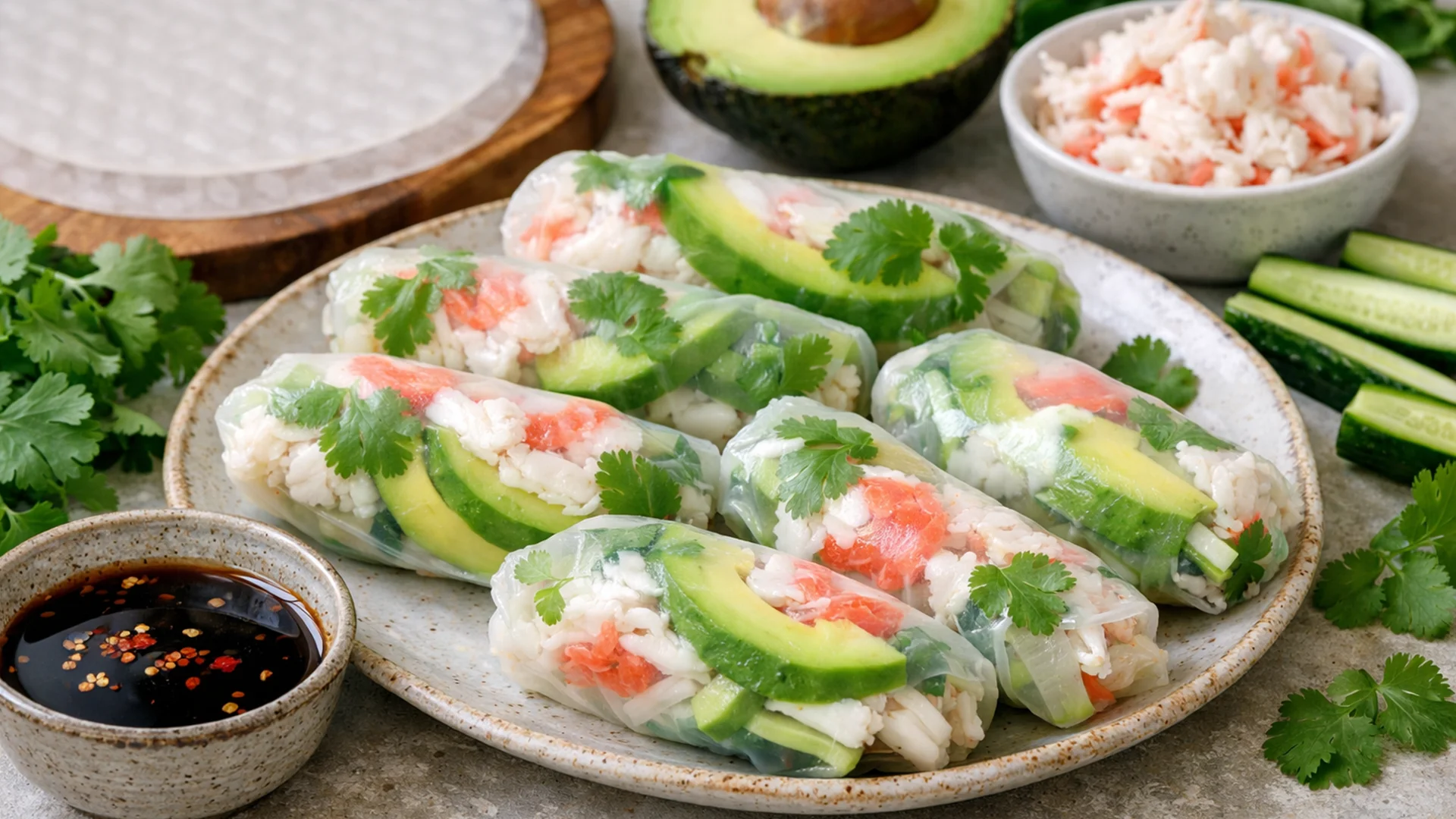 Фото блюда: Спринг роллы с крабовым мясом огурцом и авокадо с нежной текстурой