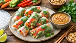 Фото рецепта: Спринг роллы с овощами и густым арахисовым соусом без жарки