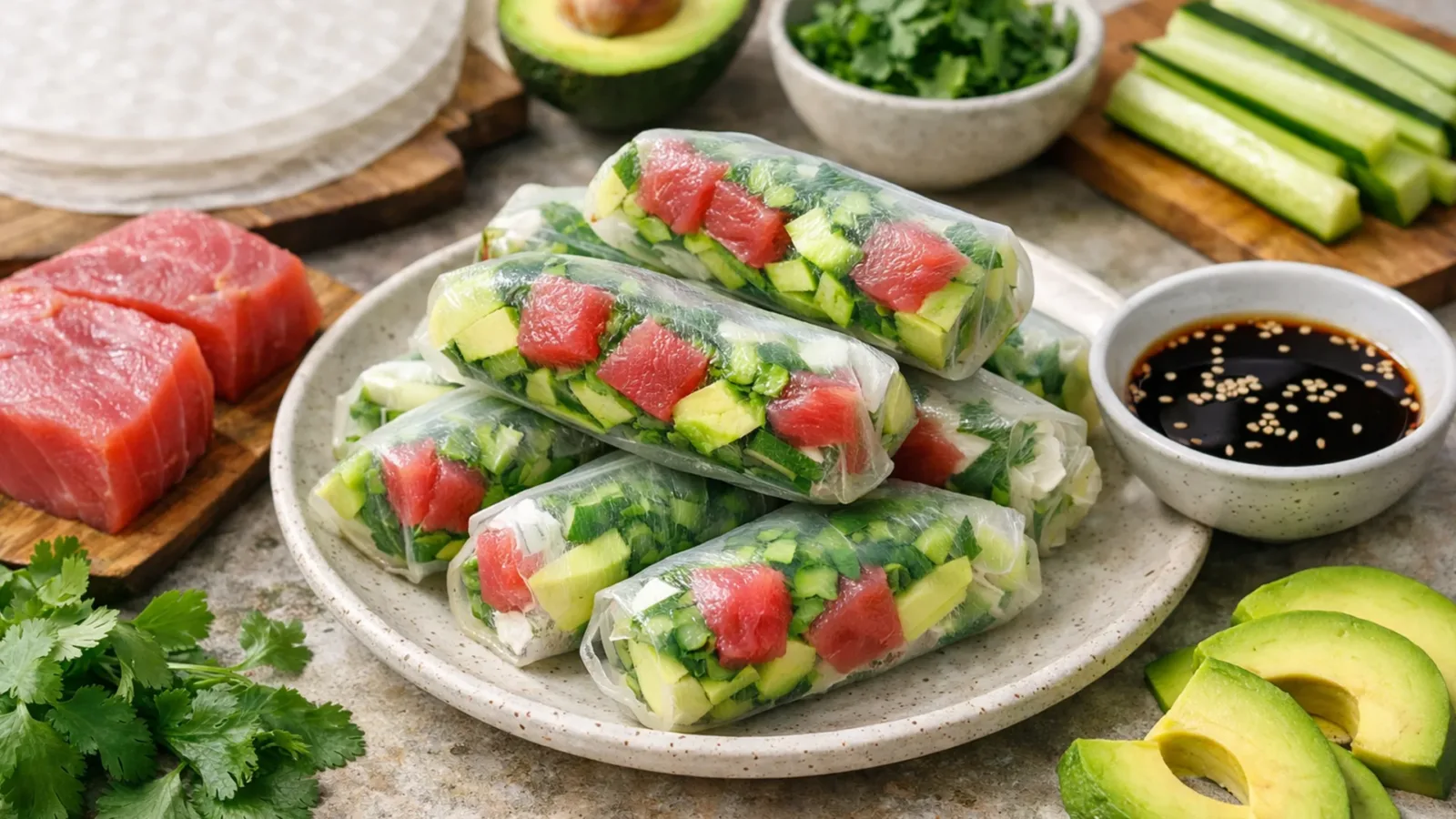 Фото блюда: Спринг роллы с тунцом авокадо и свежей зеленью без термической обработки, рецепт с фото
