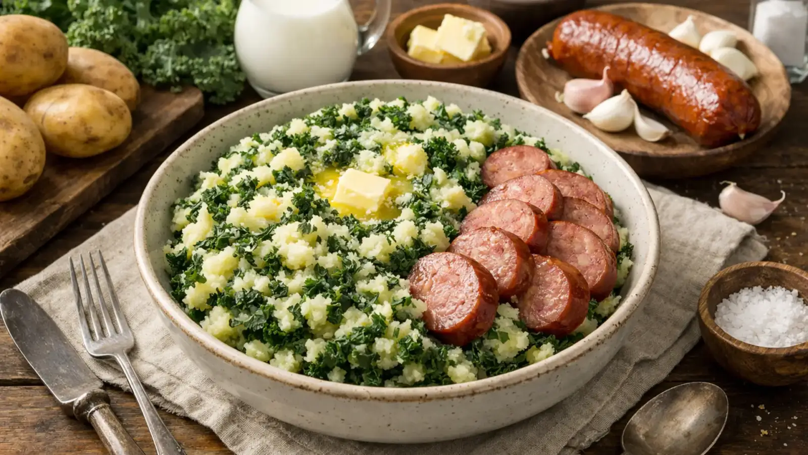 Фото блюда: Стамппот с кейлом и копченой колбасой с нежной текстурой, рецепт с фото