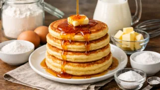 Фото рецепта: Канадские панкейки с кленовым сиропом на пышном тесте