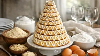 Фото рецепта: Крансекаке миндальный праздничный торт по норвежскому рецепту