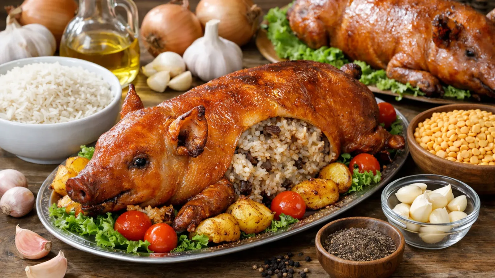 Фото блюда: Лечона фаршированный запеченный поросенок по колумбийскому рецепту, рецепт с фото