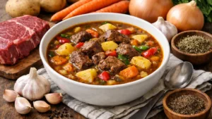 Фото блюда: Ямайский перечный суп с мясом и насыщенным пряным бульоном
