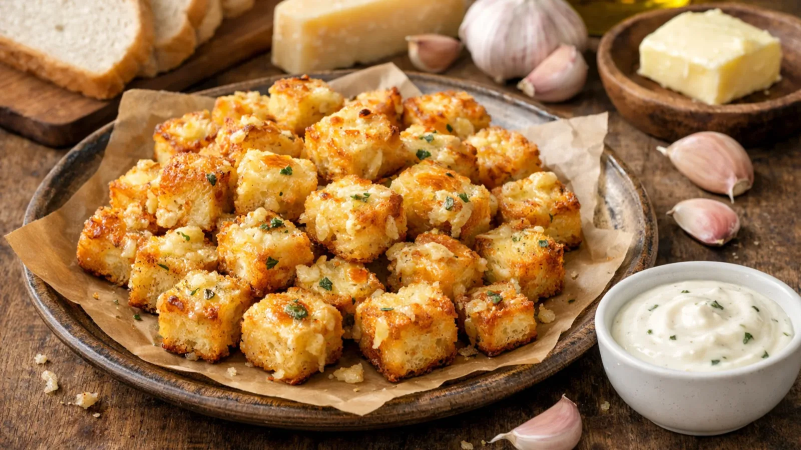 Фото блюда: Сухарики из белого хлеба с сыром и чесноком в духовке с хрустящей корочкой, рецепт с фото