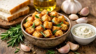 Фото рецепта: Сухарики с чесноком и розмарином в духовке с ароматной пряной корочкой