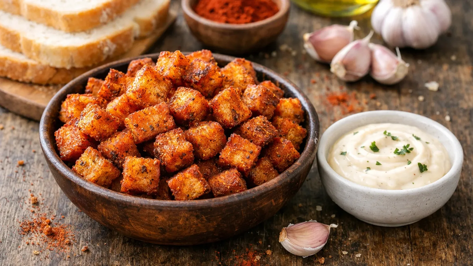 Фото блюда: Сухарики с паприкой копченой и чесноком в духовке с ароматной корочкой, рецепт с фото