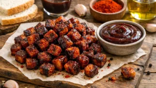 Фото рецепта: Сухарики с соусом барбекю и паприкой в духовке с насыщенным копченым вкусом