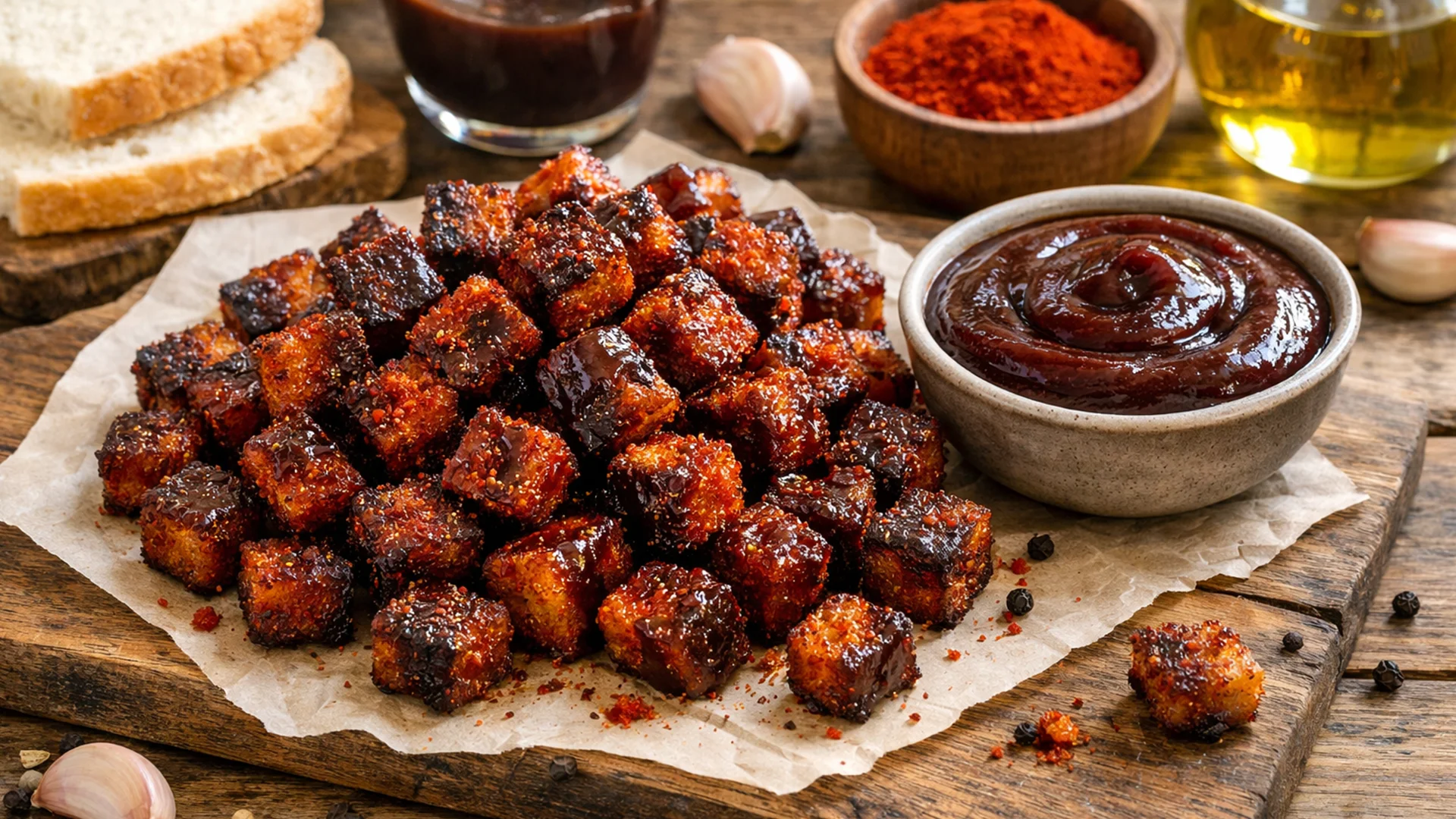 Фото блюда: Сухарики с соусом барбекю и паприкой в духовке с насыщенным копченым вкусом