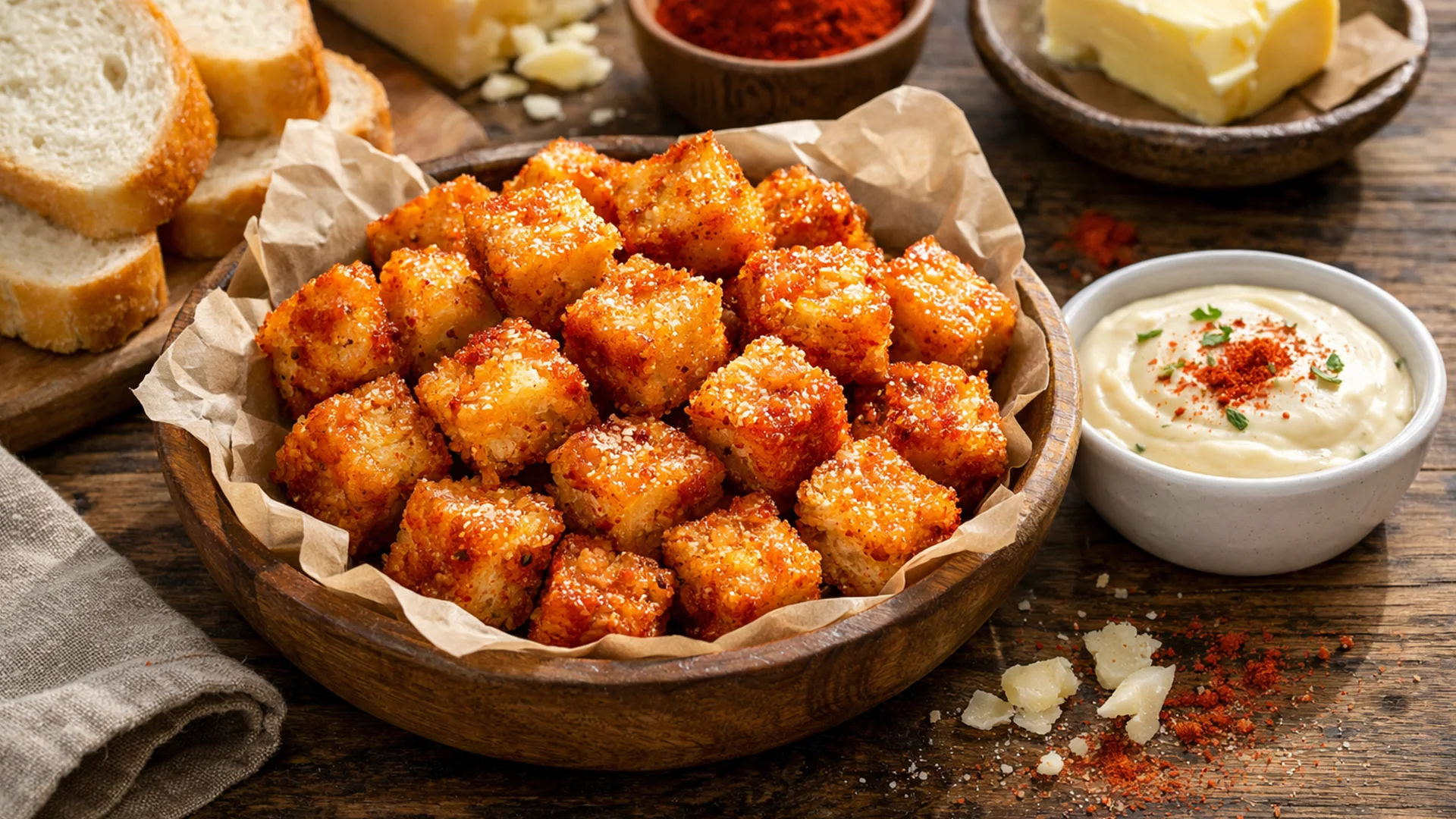 Фото блюда: Сухарики с сыром и паприкой в духовке с хрустящей пряной корочкой