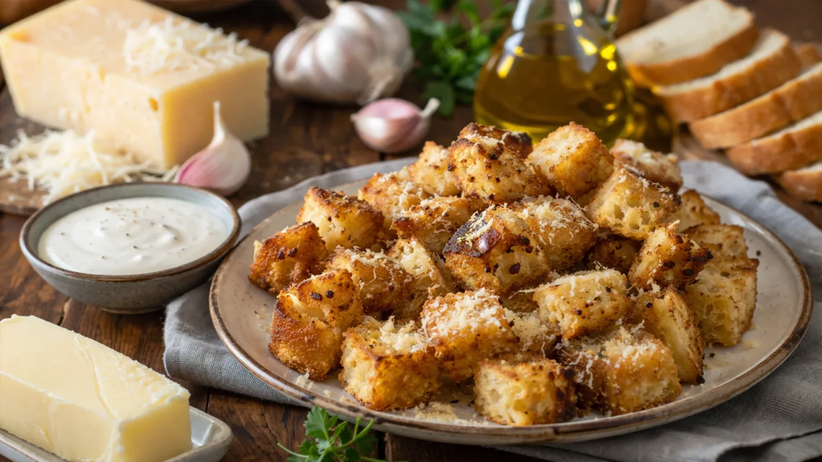 Фото блюда: Сухарики с сыром пармезан и чесноком в духовке с хрустящей сырной корочкой, рецепт с фото