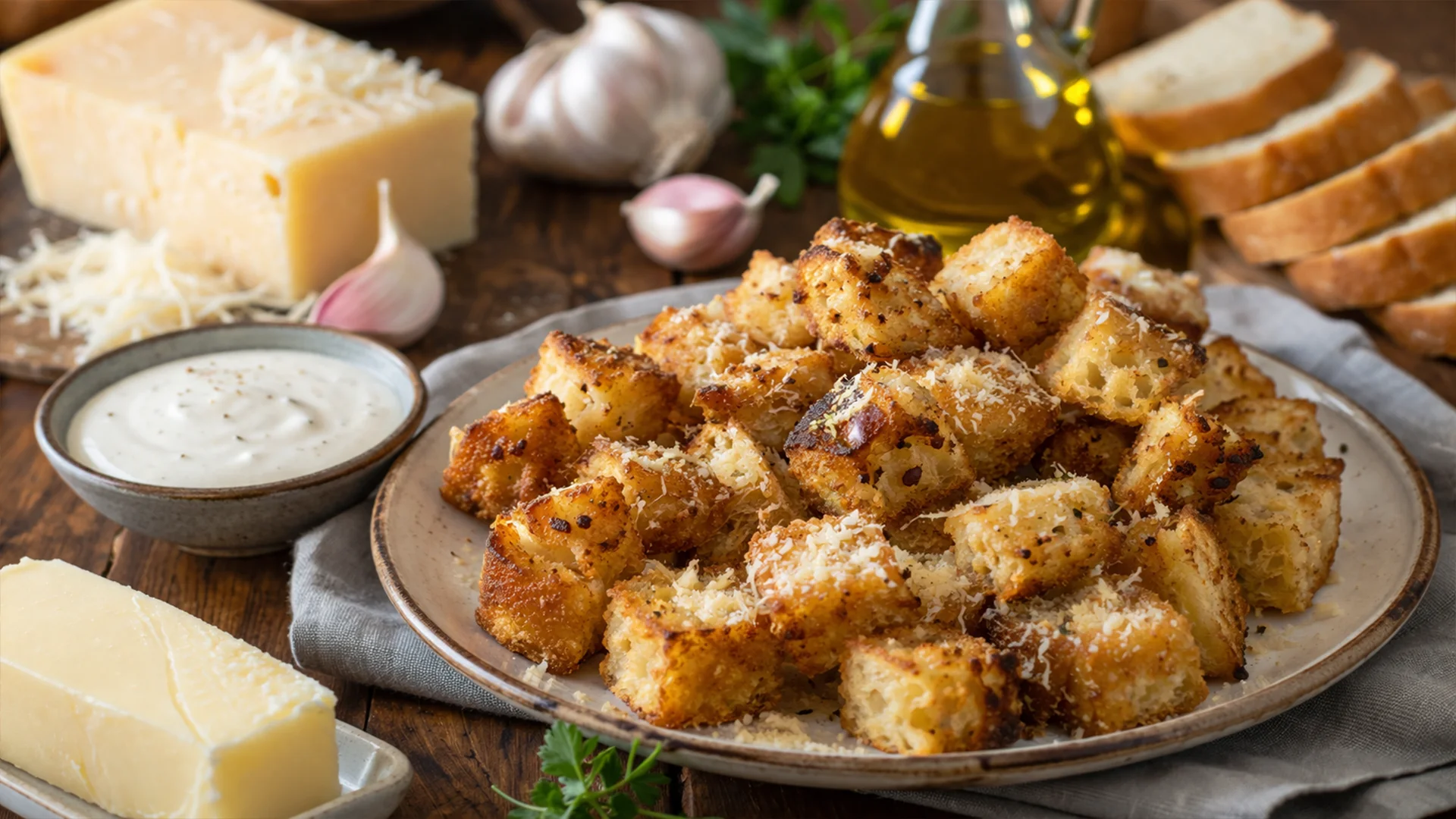 Фото блюда: Сухарики с сыром пармезан и чесноком в духовке с хрустящей сырной корочкой