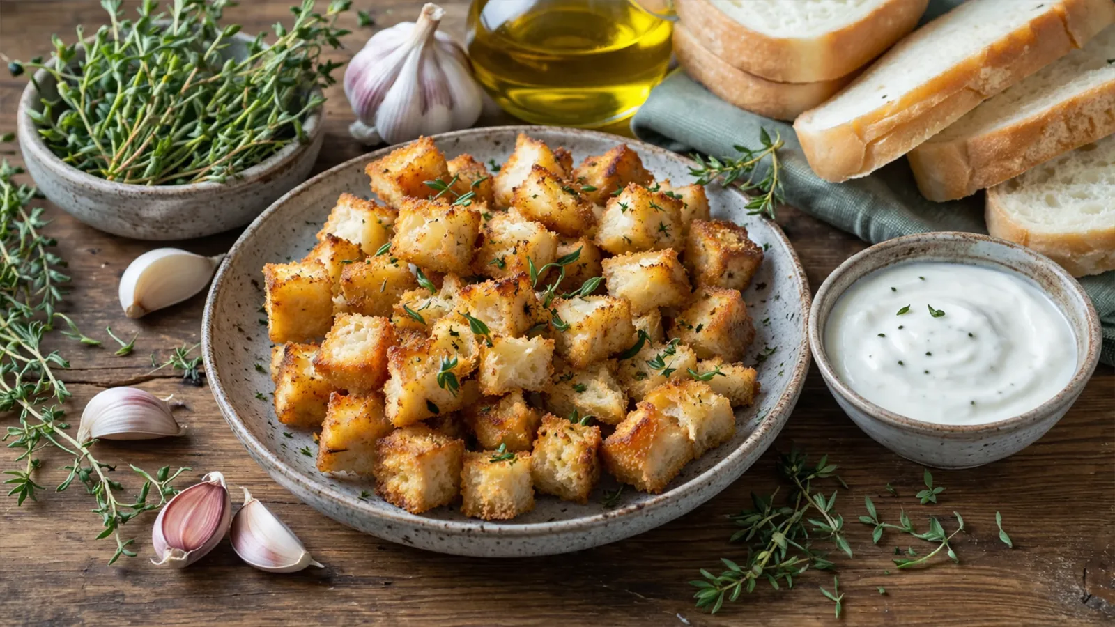 Фото блюда: Сухарики с тимьяном и чесноком в духовке с ароматной травяной корочкой, рецепт с фото