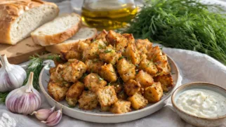 Фото рецепта: Сухарики с зеленью укропа и чесноком в духовке с ароматной хрустящей корочкой