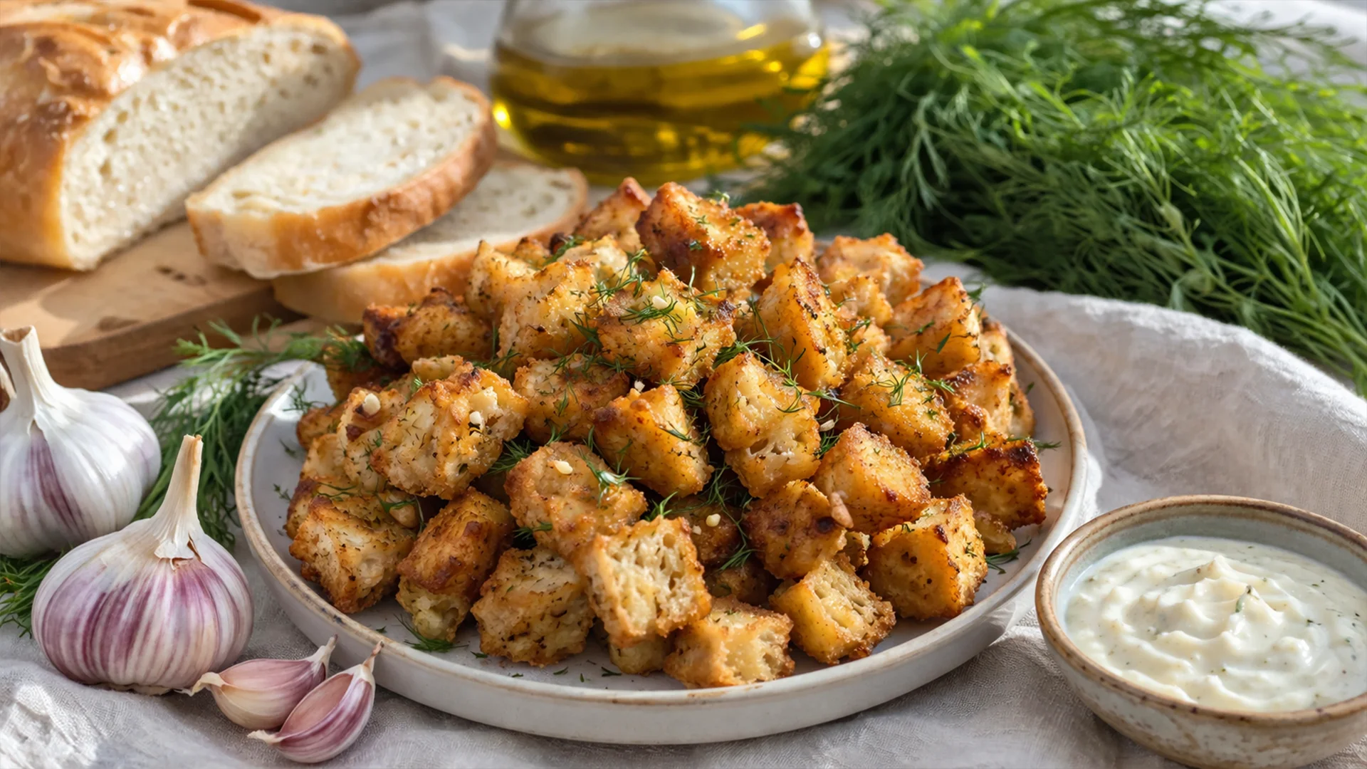 Фото блюда: Сухарики с зеленью укропа и чесноком в духовке с ароматной хрустящей корочкой