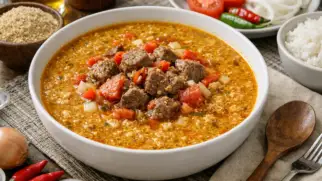 Фото рецепта: Суп эгуси с семенами дыни и мясом по нигерийскому рецепту