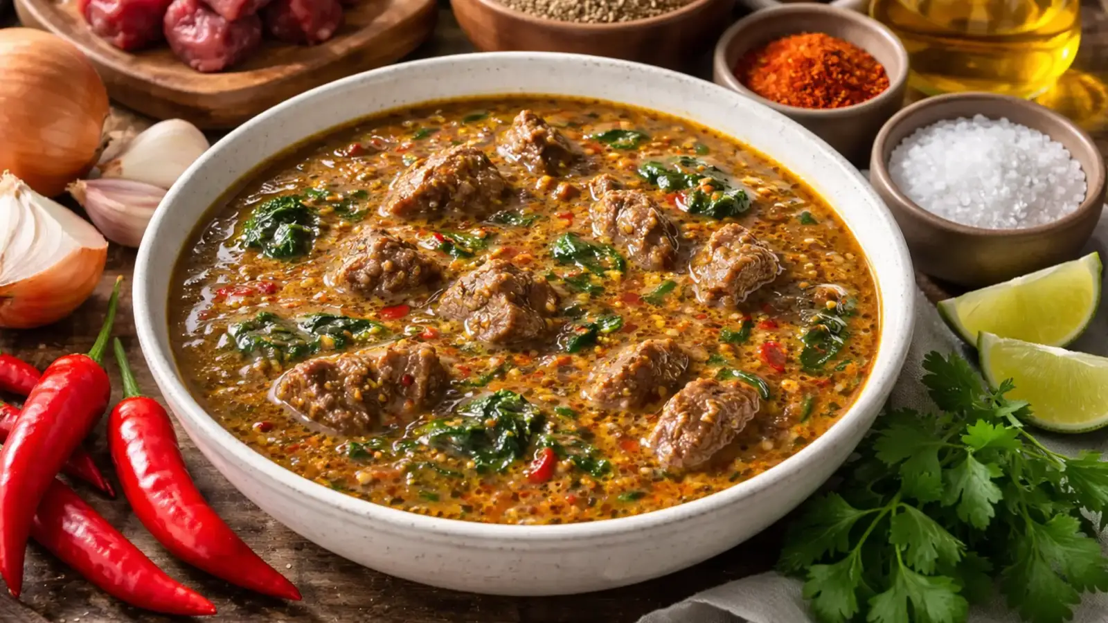 Фото блюда: Суп огбоно с мясом и специями по нигерийскому рецепту, рецепт с фото