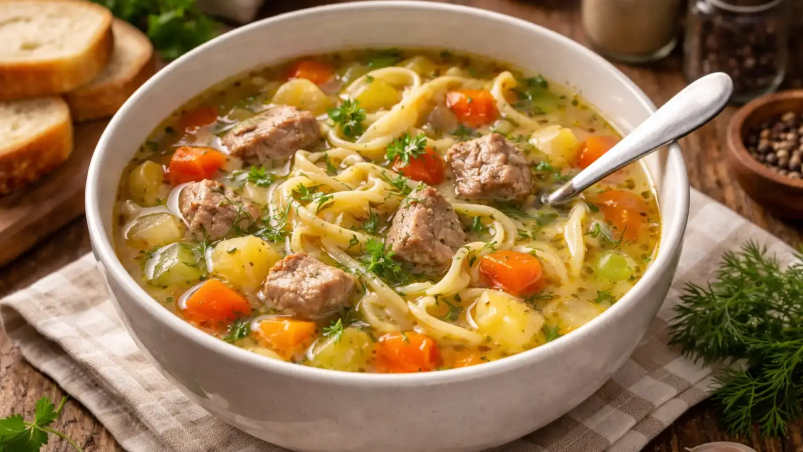 Фото блюда: Суп с лапшой на свином бульоне с овощами и зеленью, рецепт с фото