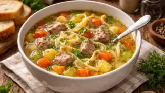 Фото рецепта: Суп с лапшой на свином бульоне с овощами и зеленью