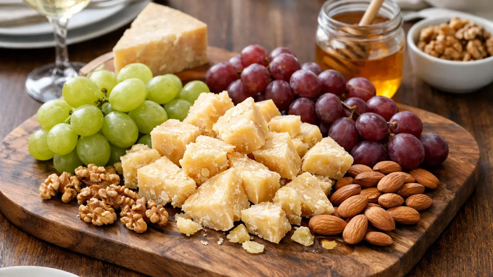Фото блюда: Сырная тарелка с пармезаном виноградом и орехами для праздничной подачи, рецепт с фото