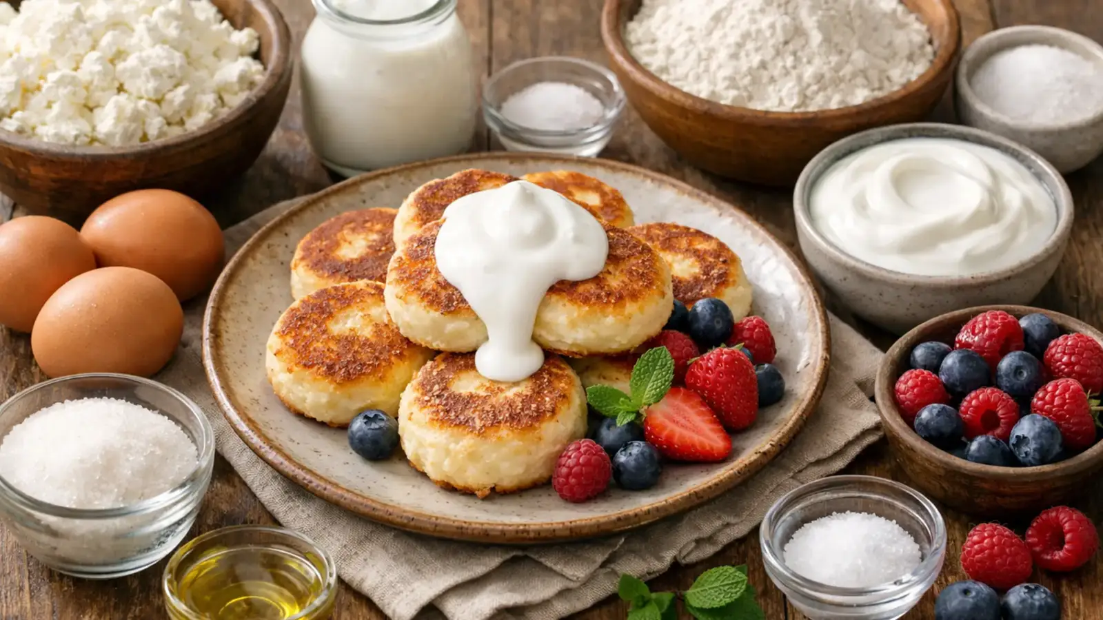 Фото блюда: Сырники с натуральным йогуртом нежные для второго завтрака, рецепт с фото