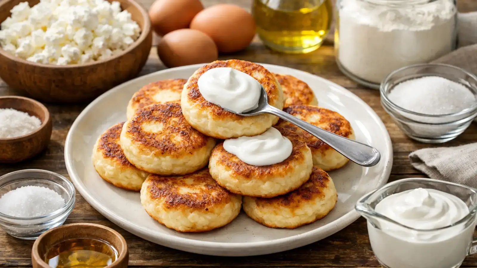 Фото блюда: Сырники со сметаной нежные и румяные для полдника, рецепт с фото