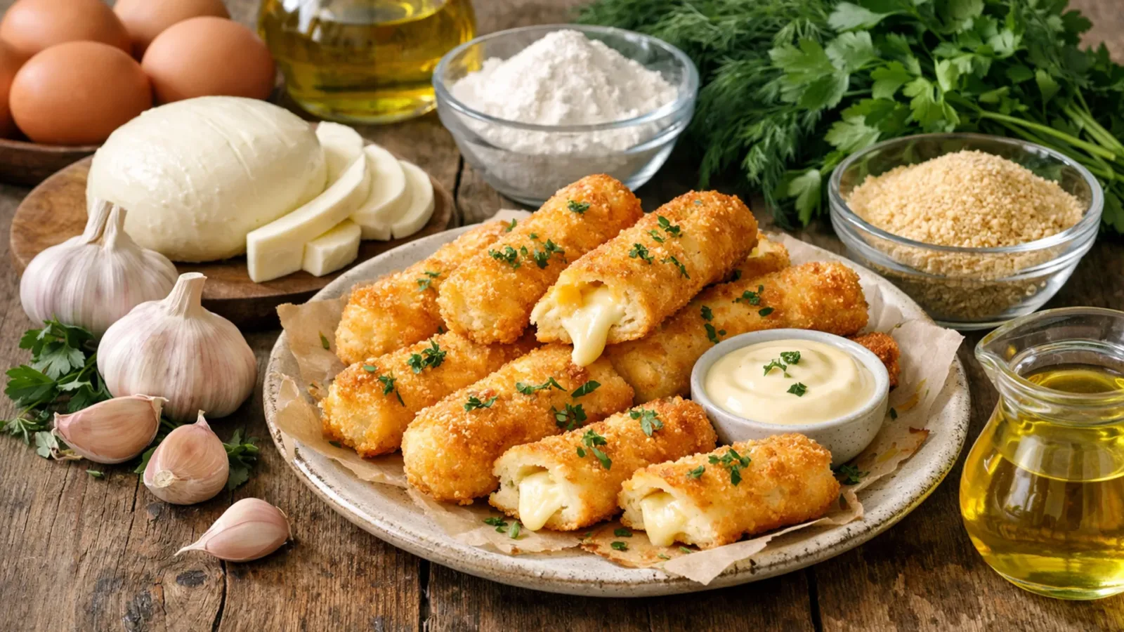 Фото блюда: Сырные палочки с чесноком и зеленью в хрустящей панировке, рецепт с фото