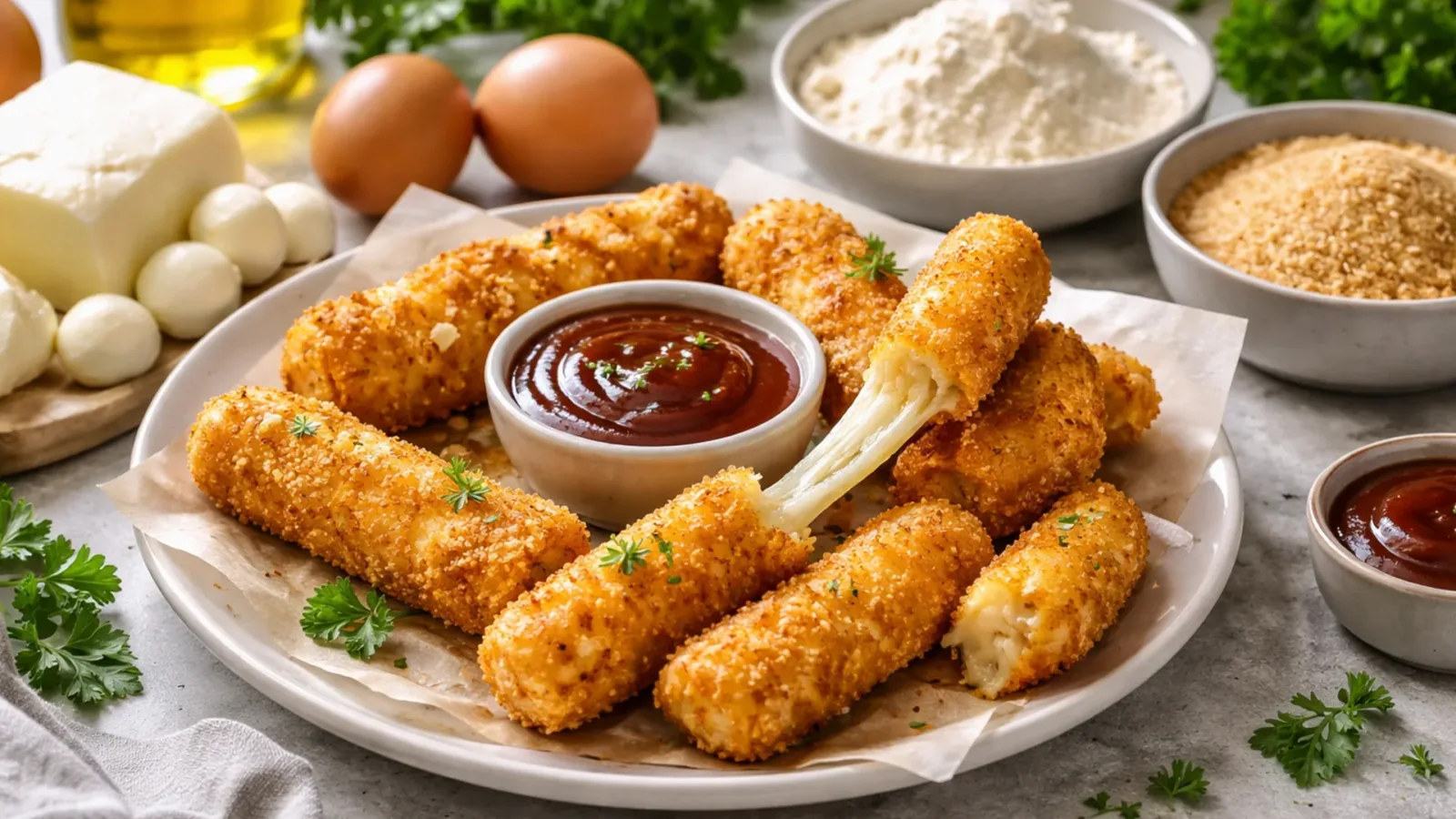Фото блюда: Сырные палочки с соусом барбекю в хрустящей панировке, рецепт с фото