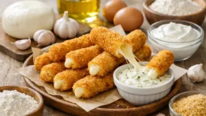 Фото блюда: Сырные палочки с сыром и чесночным соусом в хрустящей панировке