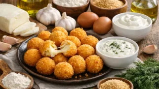 Фото рецепта: Сырные шарики с чесночным соусом в хрустящей панировке