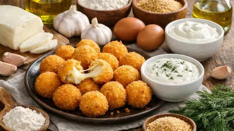 Фото блюда: Сырные шарики с чесночным соусом в хрустящей панировке