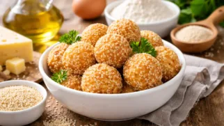 Фото рецепта: Сырные шарики с сыром и кунжутом во фритюре