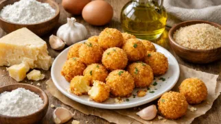 Фото рецепта: Сырные шарики с пармезаном и чесноком в хрустящей панировке