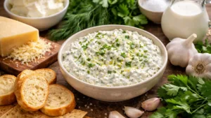 Фото блюда: Сырный дип с чесноком и свежей зеленью нежной кремовой текстуры