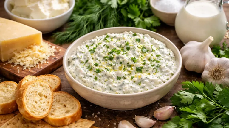 Фото блюда: Сырный дип с чесноком и свежей зеленью нежной кремовой текстуры