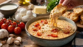 Фото рецепта: Сырный дип с моцареллой и томатами тягучий сливочный