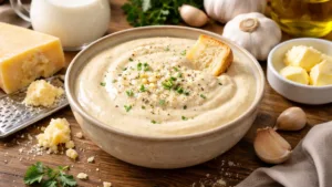 Фото блюда: Сырный дип с пармезаном чесноком и сливками густой
