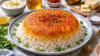 Фото рецепта: Золотистый тахдиг с хрустящей рисовой корочкой