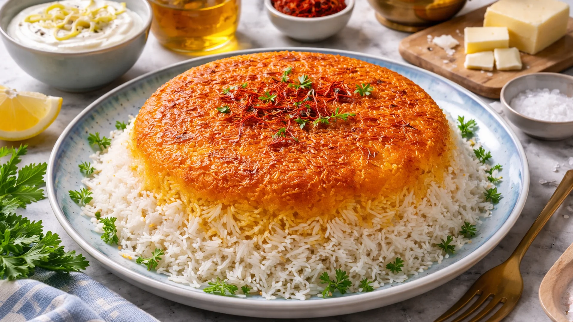 Фото блюда: Золотистый тахдиг с хрустящей рисовой корочкой