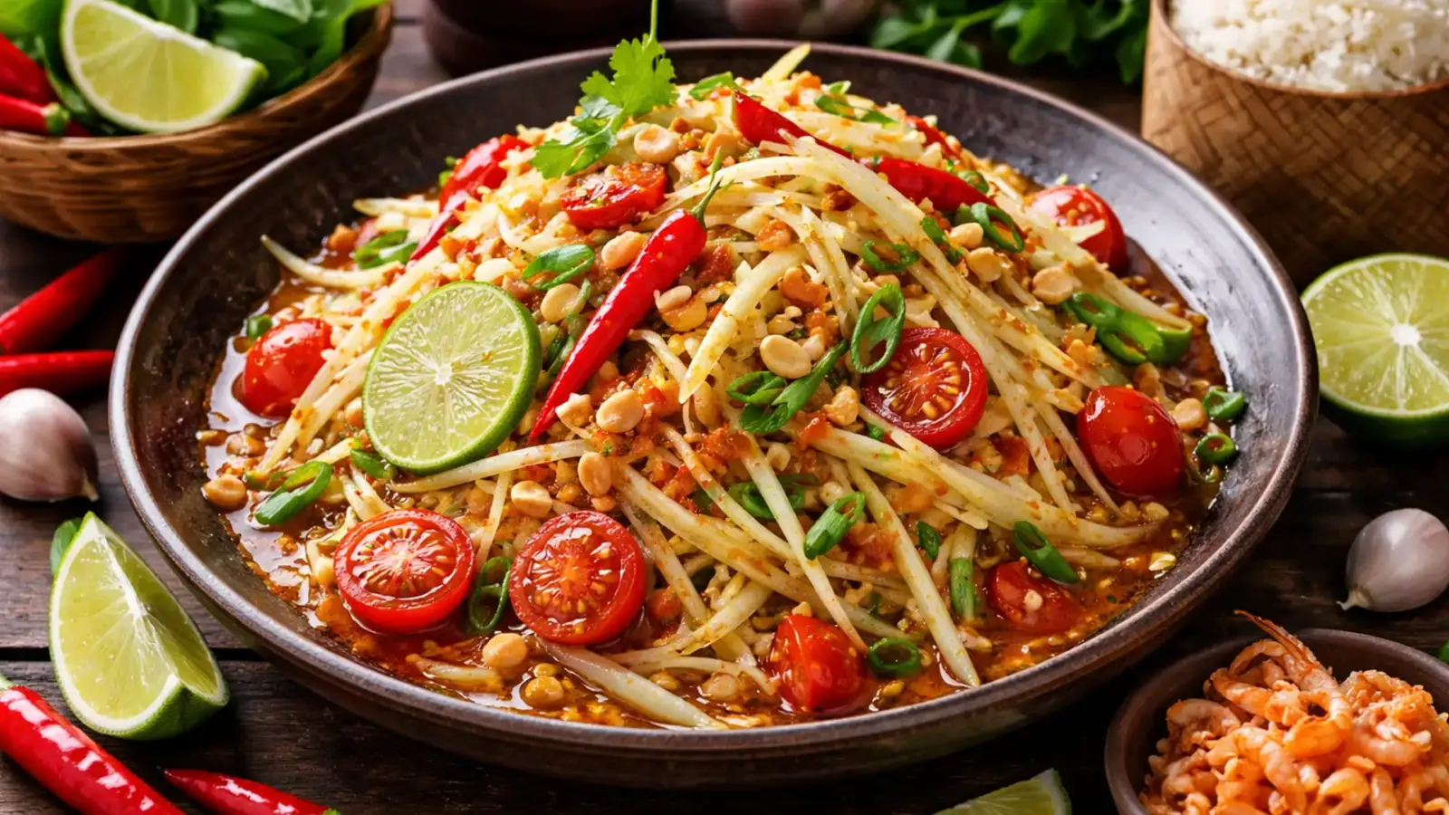 Фото блюда: Там мак хун — острый салат из зеленой папайи с лаймом и чили, рецепт с фото