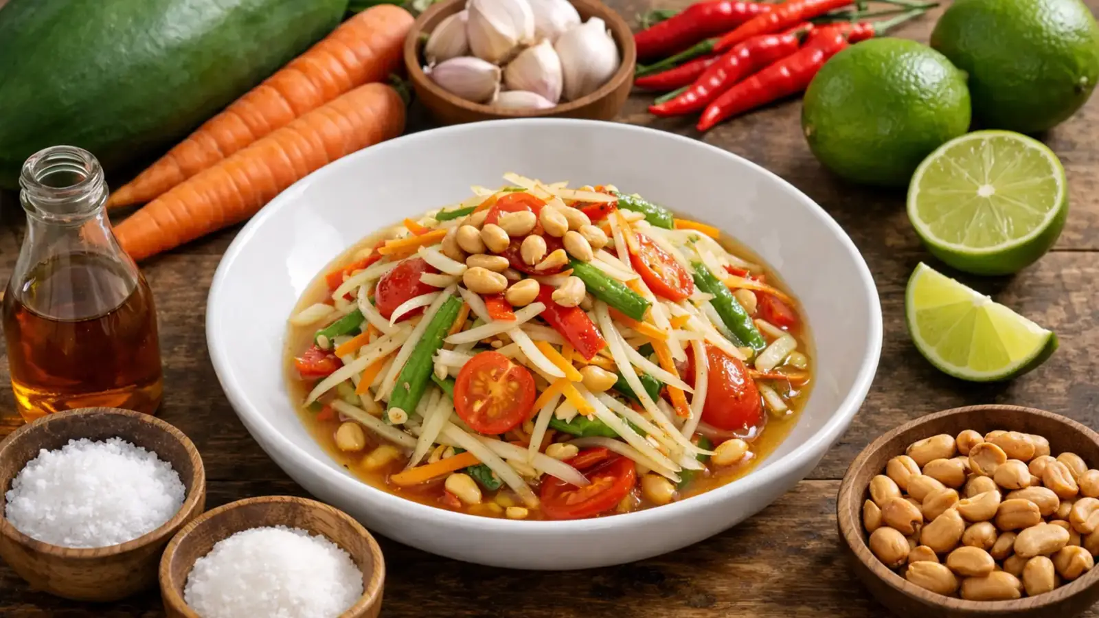 Фото блюда: Там мак хунг салат из зеленой папайи с острым кисло сладким вкусом, рецепт с фото