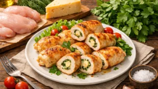Фото рецепта: Сочные куриные рулетики с сыром и зеленью