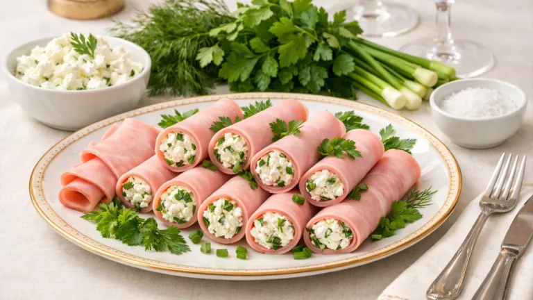 Фото блюда: Нежные рулетики из ветчины с творожным сыром и зеленью
