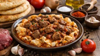 Фото рецепта: Тарид лепешки с говяжьим рагу в пряном соусе