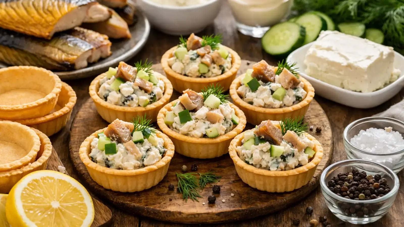 Фото блюда: Тарталетки с копченой скумбрией и сыром нежная закуска, рецепт с фото